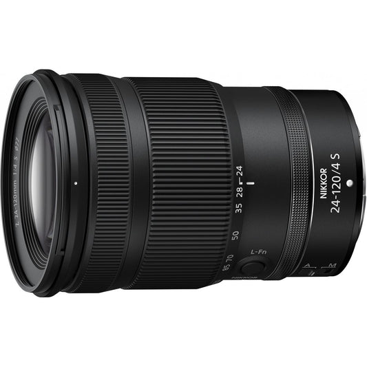 Nikon Z 24-120mm f/4.0 S: vista en ángulo con el anillo de control, el botón L-Fn y el selector A/M