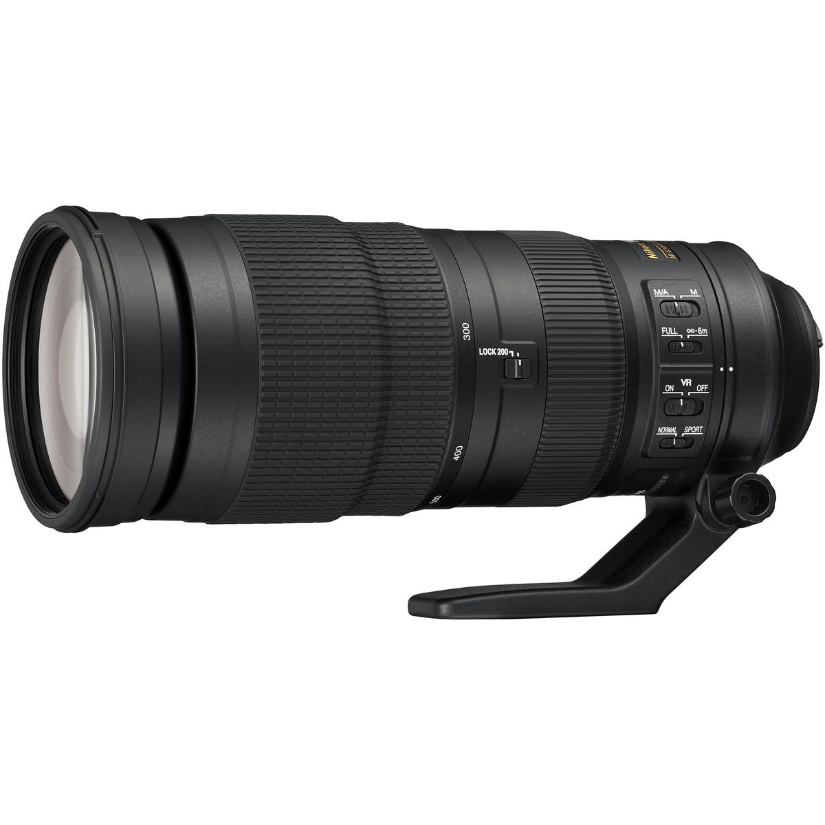 Nikon AF-S 200-500mm f/5.6E ED VR: vista lateral con los mandos de enfoque, limitador, VR y modo SPORT