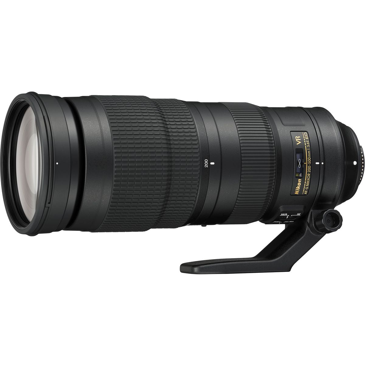 Nikon AF-S 200-500mm f/5.6E ED VR: barril con la inscripción AF-S NIKKOR 200-500mm 1:5.6E ED y el collar de trípode